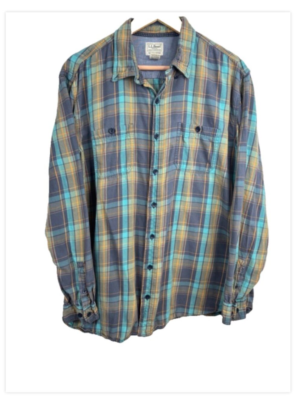 LL Bean Mens XLT Blue Plaid Flannel Shirt Organic Cotton Slightly Fitted 505083